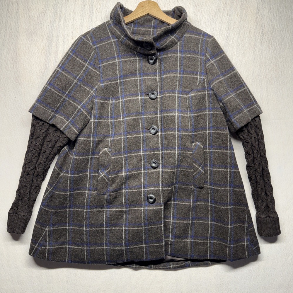 Anthropologie Idra Plaid Wool Blend Coat Cable Knit Sleeves Grey Blue Size 10